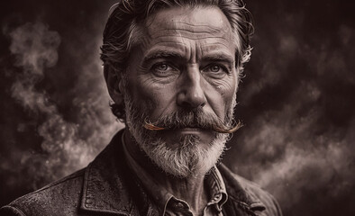 Man with a mustache and gray hair. He is wearing a jacket. The jacket is black