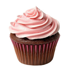 Delicious chocolate cupcake with pink frosting. transparent background