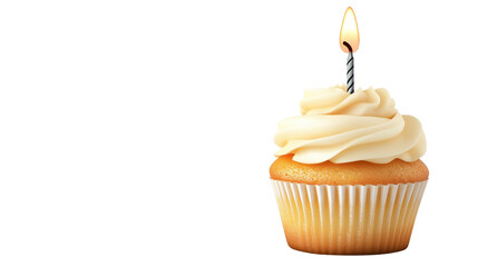 Delicious cupcake with creamy frosting and candle. transparent background