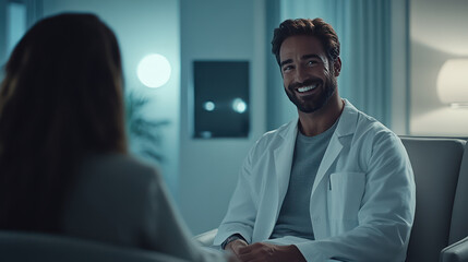 Photo Smiling Doctor Reassures Patient in Office