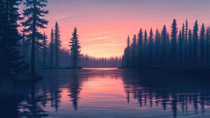 Obraz premium Serene landscape at twilight with trees reflecting in calm water.