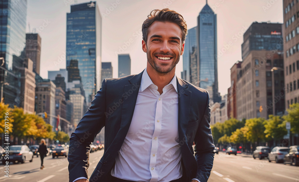 Poster man in a suit and white shirt is smiling in front of a city skyline. he is standing on a street with