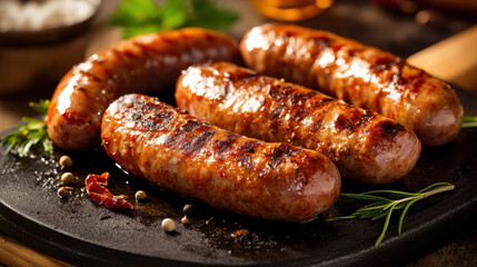 Fototapeta premium Grilled sausages on hot plate with herbs and spices, showcasing delicious meal. rich colors and textures evoke mouthwatering experience