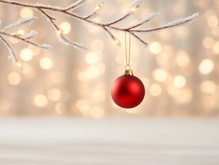 Red Christmas Ornament Hanging on Snowy Branch with Bokeh Lights