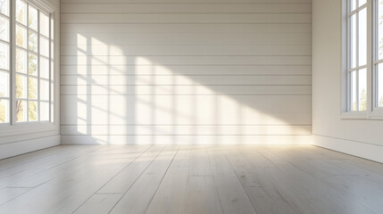 Fototapeta premium Bright and airy modern farmhouse interior with shiplap walls and large windows. muted tones create serene atmosphere, perfect for relaxation and creativity