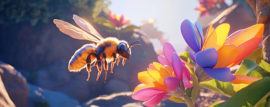 A vibrant bee hovering near colorful flowers in a bright, natural setting.