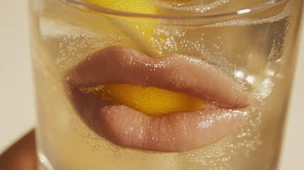 Obraz premium A glass of sparkling drink with a lemon slice and stylized lips submerged inside.