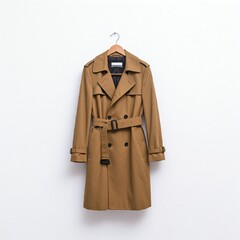 Naklejka premium brown classic trench coat hanging on a white wall isolated on a white background studio photography