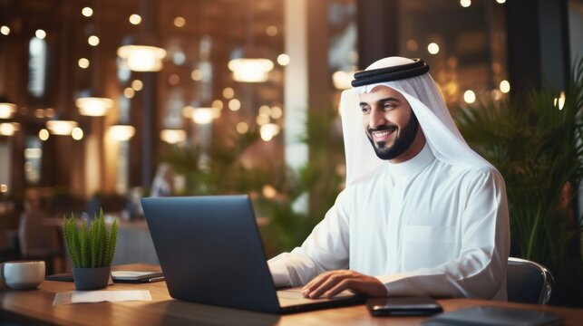 Professional Arab attire in a business context, with a confident entrepreneur working in a dynamic and innovative office