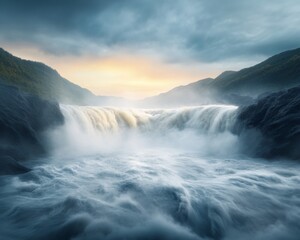 Obraz premium Majestic Waterfall at Sunset.