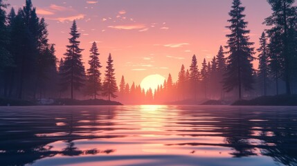 Serene sunset over a calm lake surrounded by tall trees, creating a peaceful atmosphere.