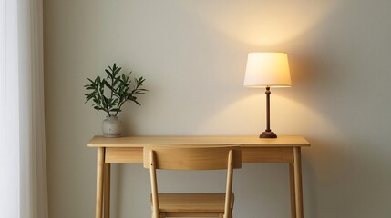Cozy workspace setup with desk lamp and plant home office still life minimalist ambiance warm lighting relaxing vibe