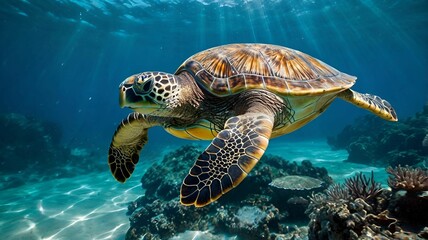 Obraz premium A large sea turtle swims through a vibrant coral reef