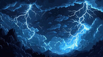 Dramatic lightning storm over dark mountains at night.