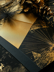 Black and gold holiday stationery with pinecone accents