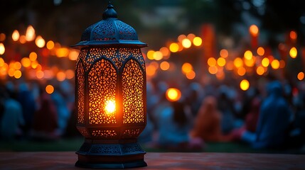 Ornate lantern glows brightly against a blurred background of people and lights at a night festival.