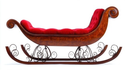 Elegant Red Velvet Sleigh with Ornate Wooden Frame and Intricate Metal Runners Perfect for Festive Winter Holiday Decoration