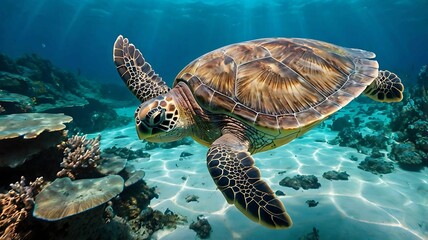 Obraz premium A large sea turtle swims through a vibrant coral reef