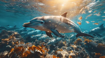 Obraz premium Dolphin pod swimming in vibrant coral reef.