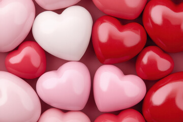 Obraz premium Colorful hearts in various shades of red, pink, and white create vibrant and romantic atmosphere, perfect for expressing love and affection
