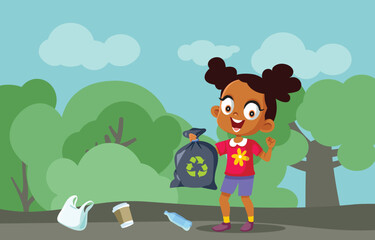 Volunteer Girl Picking up Garbage Outside in the Forest Vector Illustration. Child cleaning the rubbish keeping the environment safe 
