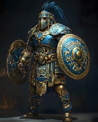 Fototapeta premium Futuristic Aztec Warrior in Blue and Gold Armor with Energy Shields