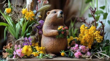 Woodchuck figurine amidst vibrant spring flowers.