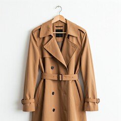 brown trench coat hanging on wooden hanger against white background