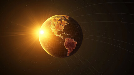 Obraz premium Earth axis diagram illustration showing the tilt of the Earth's rotational axis relative to its orbital plane, explaining the cause of seasonal changes and the distribution of sunlight.