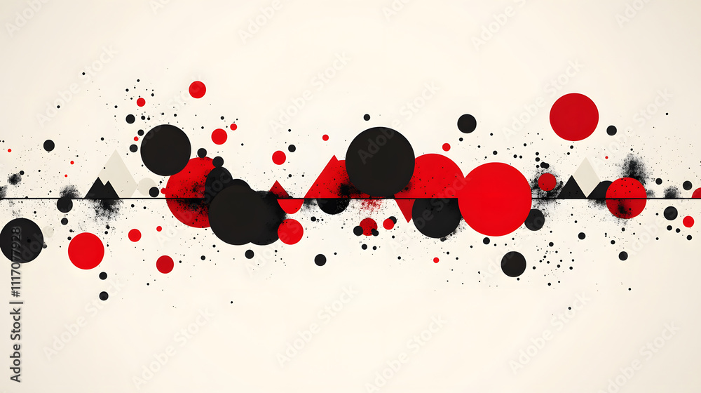 Aufkleber abstract design featuring bold red, black, and white circular shapes with splatter effects, creating