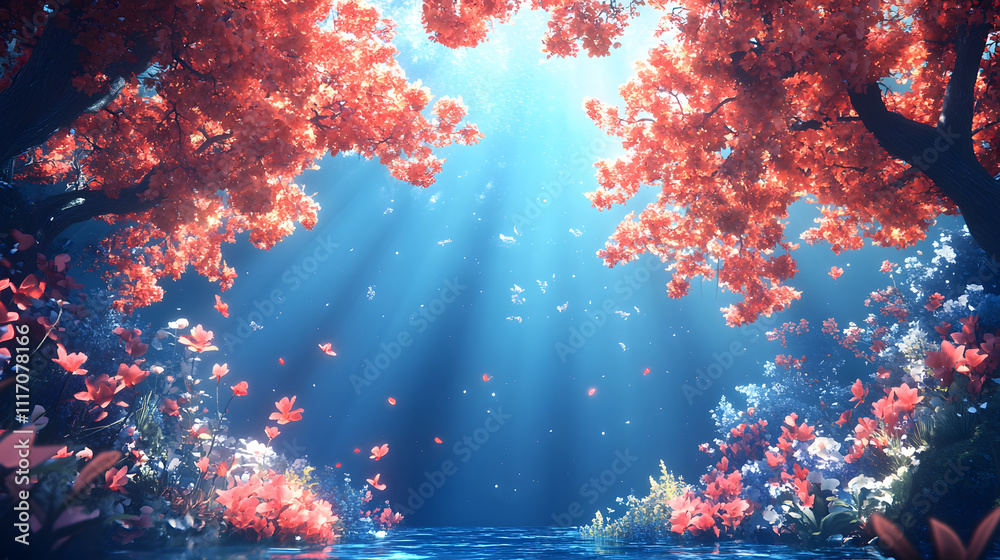 Poster A serene scene of vibrant red trees and soft blue light illuminating a tranquil water surface, creating a magical forest atmosphere