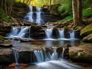 Fototapeta premium Serene Waterfall Cascading Through Lush Forest