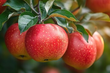A red apple hanging from a tree