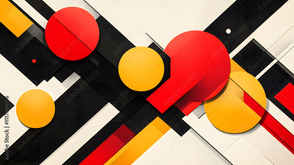 Poster a vibrant abstract composition featuring geometric shapes in red, yellow, black, and white, creating
