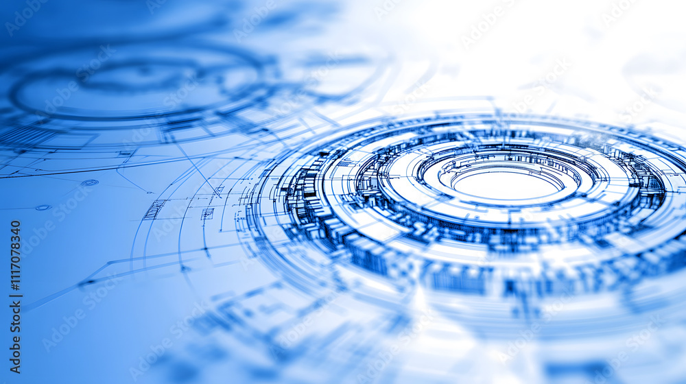 Poster a high-tech, blue design featuring circular patterns and lines, suggesting engineering or digital in