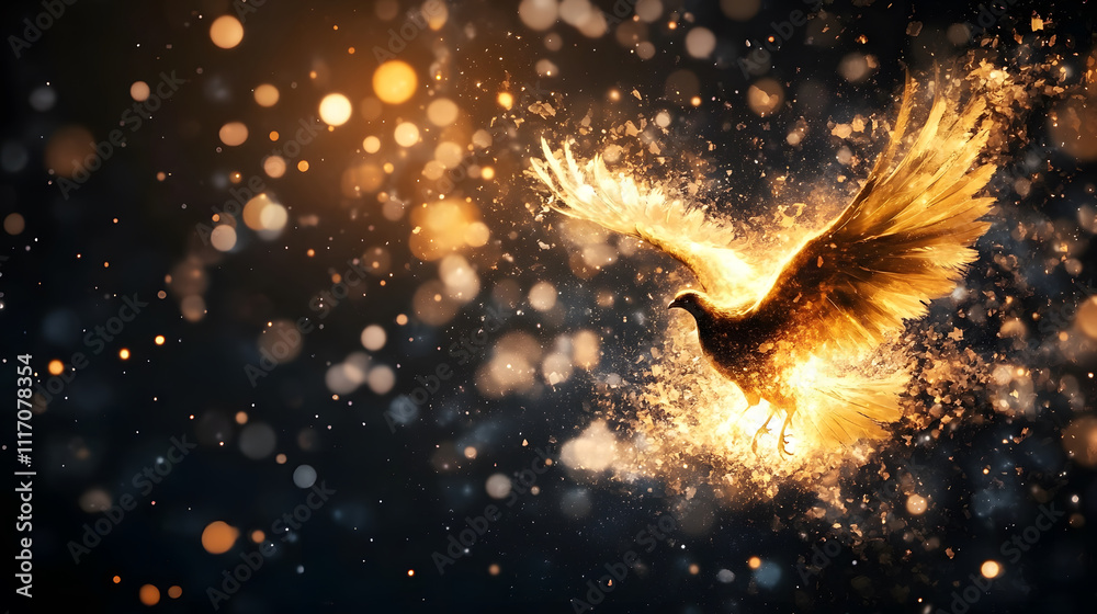 Aufkleber a majestic golden bird with glowing wings takes flight amidst a backdrop of shimmering particles, cr