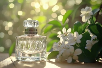 A vintage crystal perfume bottle placed on a sunlit surface with white flowers nearby