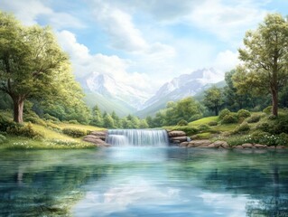 Fototapeta premium Serene Waterfall in Mountain Valley.