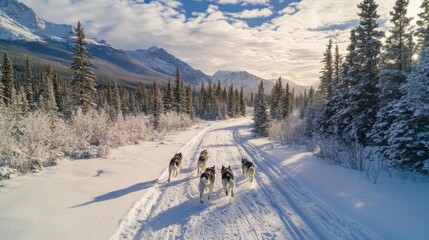 Dogs sledding through snowy mountain trail. Winter wonderland adventure with huskies.