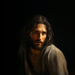 Portrait of Jesus Christ: A Dramatic and Thoughtful Depiction of Compassion and Humanity in a Minimalist Style