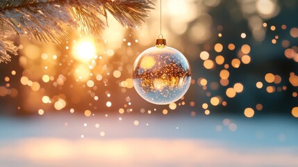 Sparkling Christmas Ornament on a Snowy Pine Branch at Sunset