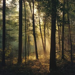 Fototapeta premium The morning sunlight penetrates and illuminates the misty forest, visible from between the trees and branches.