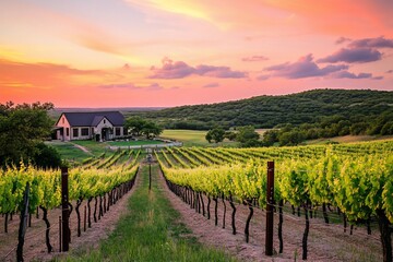 Fototapeta premium Serene Luxury Winery Home at Sunset with Scenic Fields in Texas