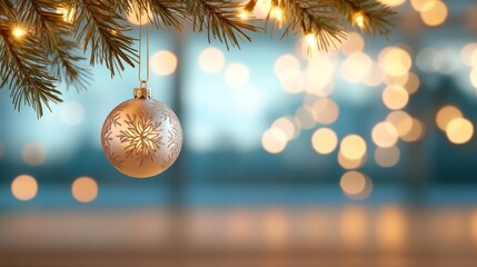 Silver Christmas Ornament Hanging on a Tree Branch with Bokeh Lights