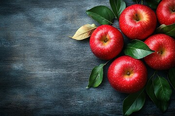 A cluster of red apples with green leaves on a dark wood background.