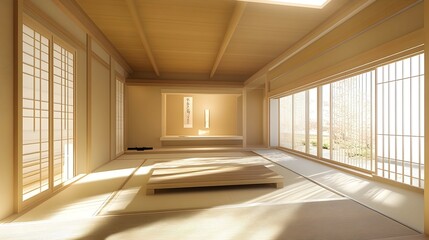 Sunlit minimalist Japanese-style room with tatami mats, shoji screens, and wooden architecture.