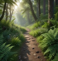 Obraz premium Overgrown forest path with ferns and wildflowers, foliage, leaf litter, ferns