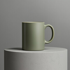 Green thermo mug mockup, on table podium, gray background. Ai generated images.