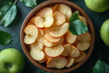 Apple slices on a wooden plate with green apples around it