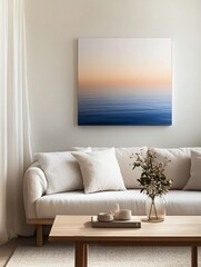 Elegant Minimalist Living Room with Sofa and Ocean-Inspired Artwork